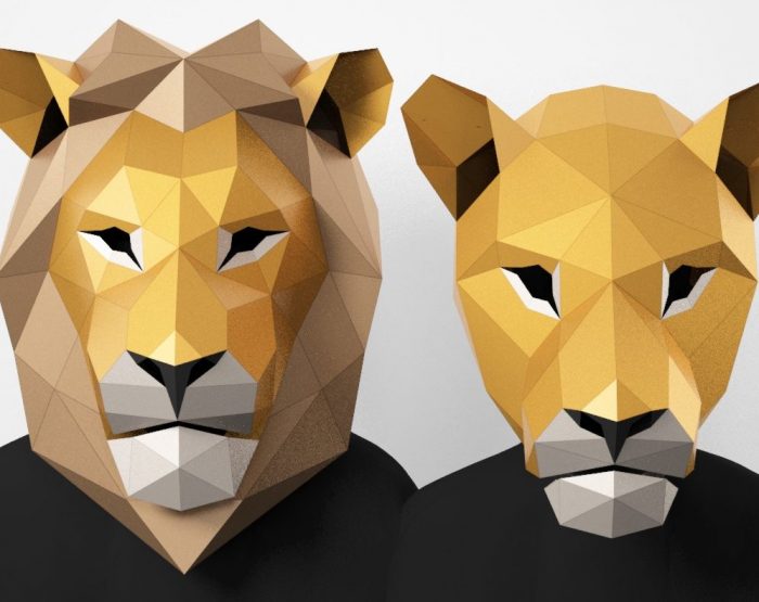 Papercraft lion and lioness mask