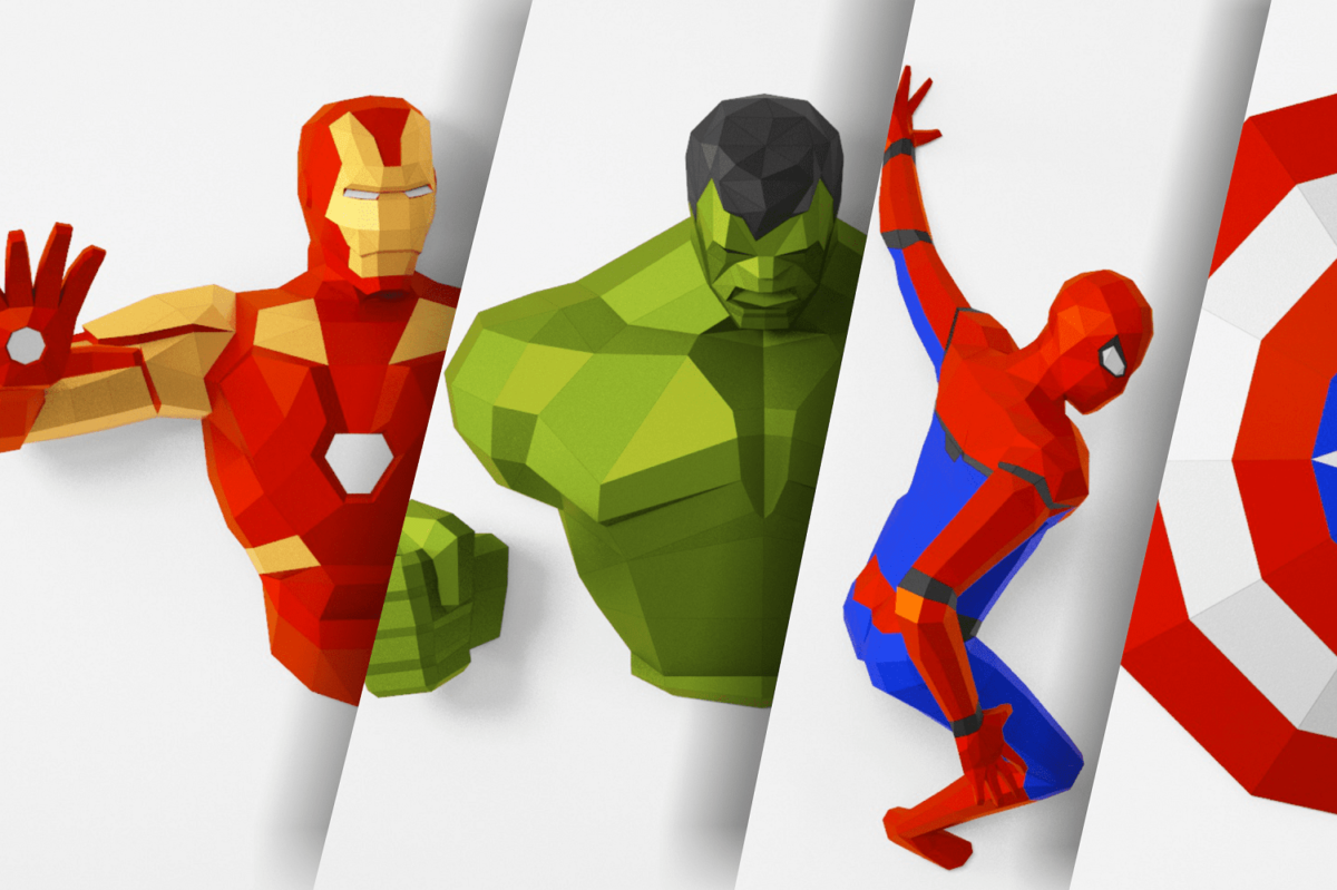 Four 3D elements of marvel-themed wall decor. Free Templates - LACRAFTA