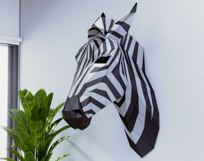 Stunning Wall-Mounted Zebra Sculpture in 3D Polygonal Papercraft Style – Modern, Artistic Home Decor