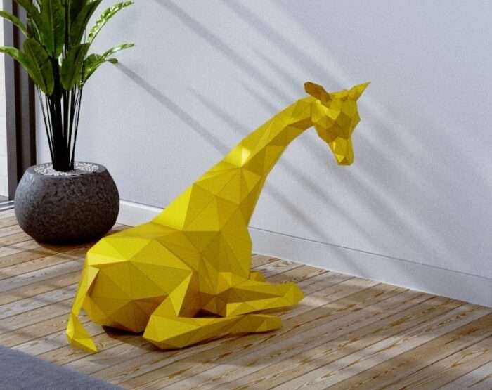 Adorable Floor-Sitting Giraffe Polygonal Sculpture – 3D Papercraft Model for Kids’ Room Decor