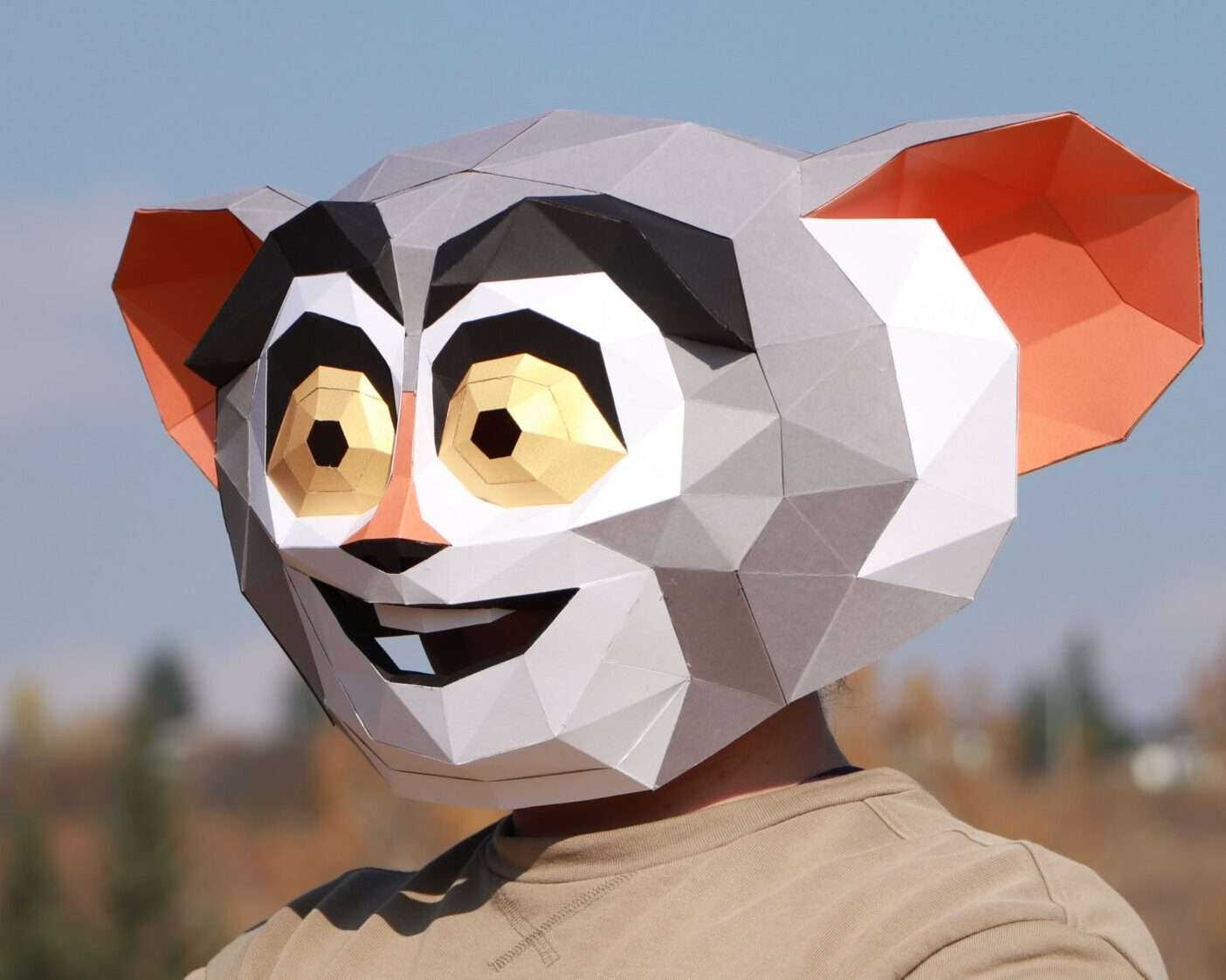 Cute Cartoon Aye-Aye Mask – Polygonal Low-Poly DIY Papercraft Template for Kids & Adults Costumes, Halloween Parties & Cosplay